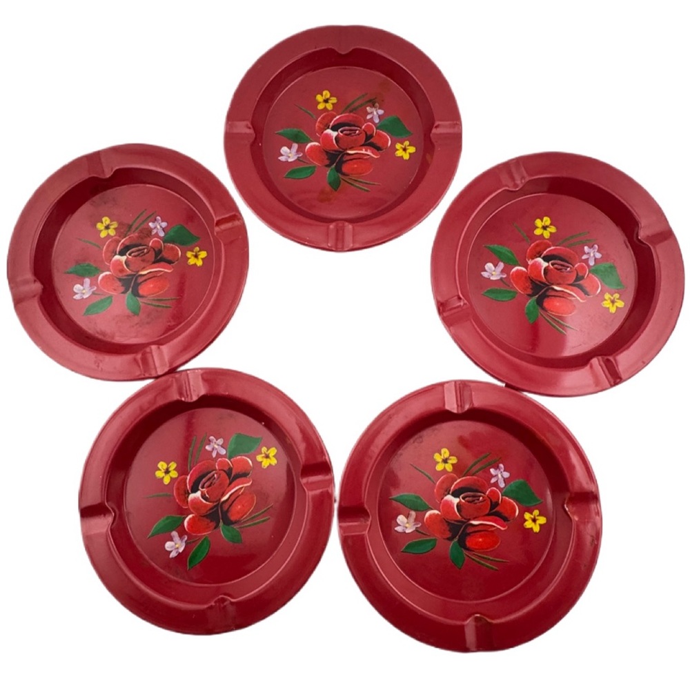 Vintage 50s Toleware Ashtray Coasters Set